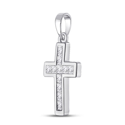 14k White Gold Princess Diamond Cross Pendant 1/4 Cttw