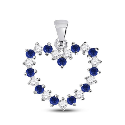 14k White Gold Round Blue Sapphire Diamond Heart Pendant 1/2 Cttw
