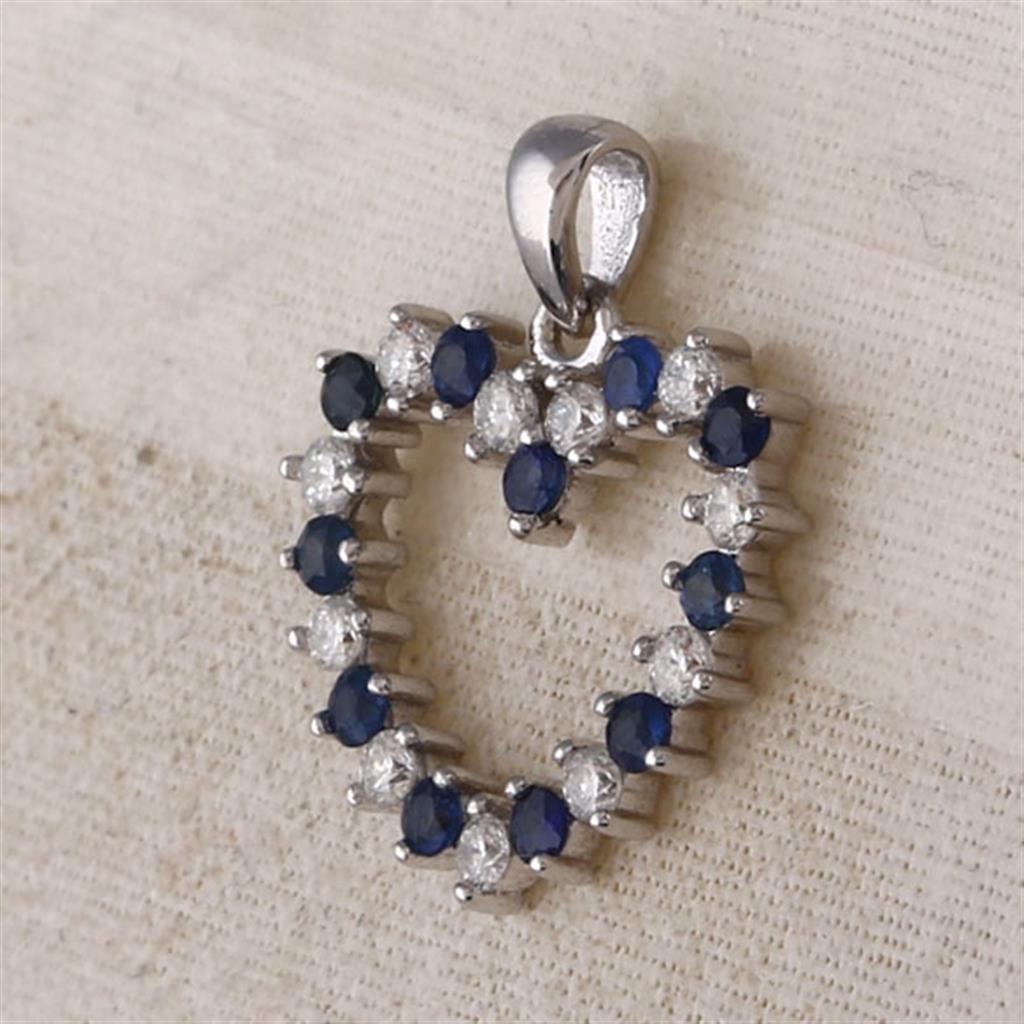 14k White Gold Round Blue Sapphire Diamond Heart Pendant 1/2 Cttw