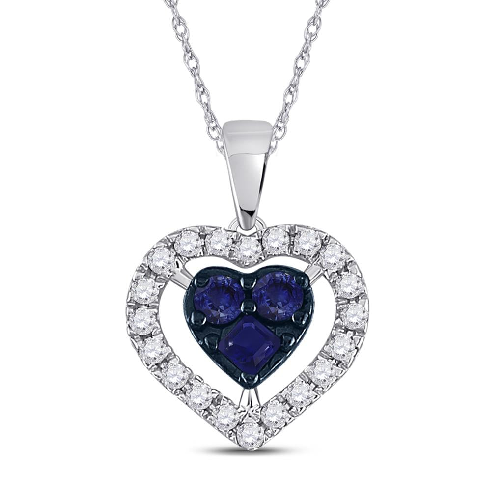 14k White Gold Round Blue Sapphire Diamond Heart Pendant 1/2 Cttw