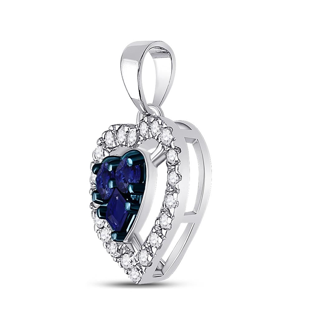14k White Gold Round Blue Sapphire Diamond Heart Pendant 1/2 Cttw