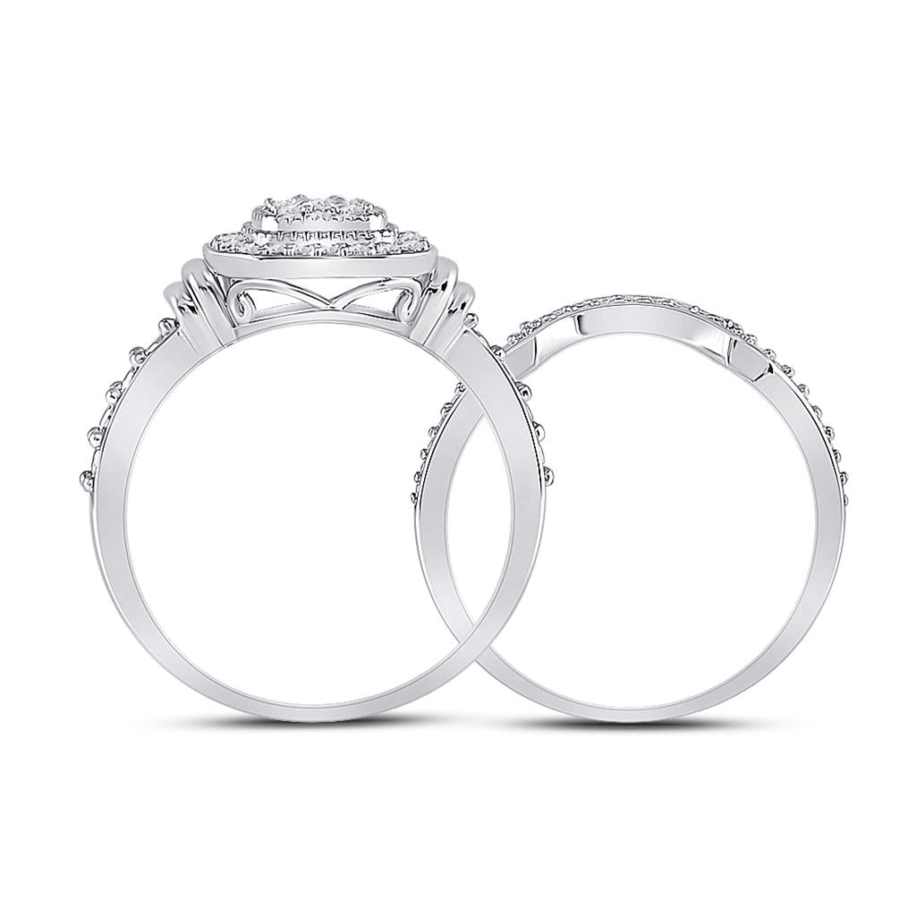 14k White Gold Round Diamond Square Bridal Wedding Ring Set 1/5 Cttw