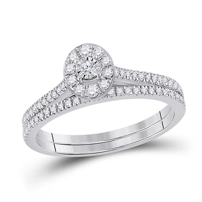 14k White Gold Round Diamond Oval Bridal Wedding Ring Set 1/3 Cttw
