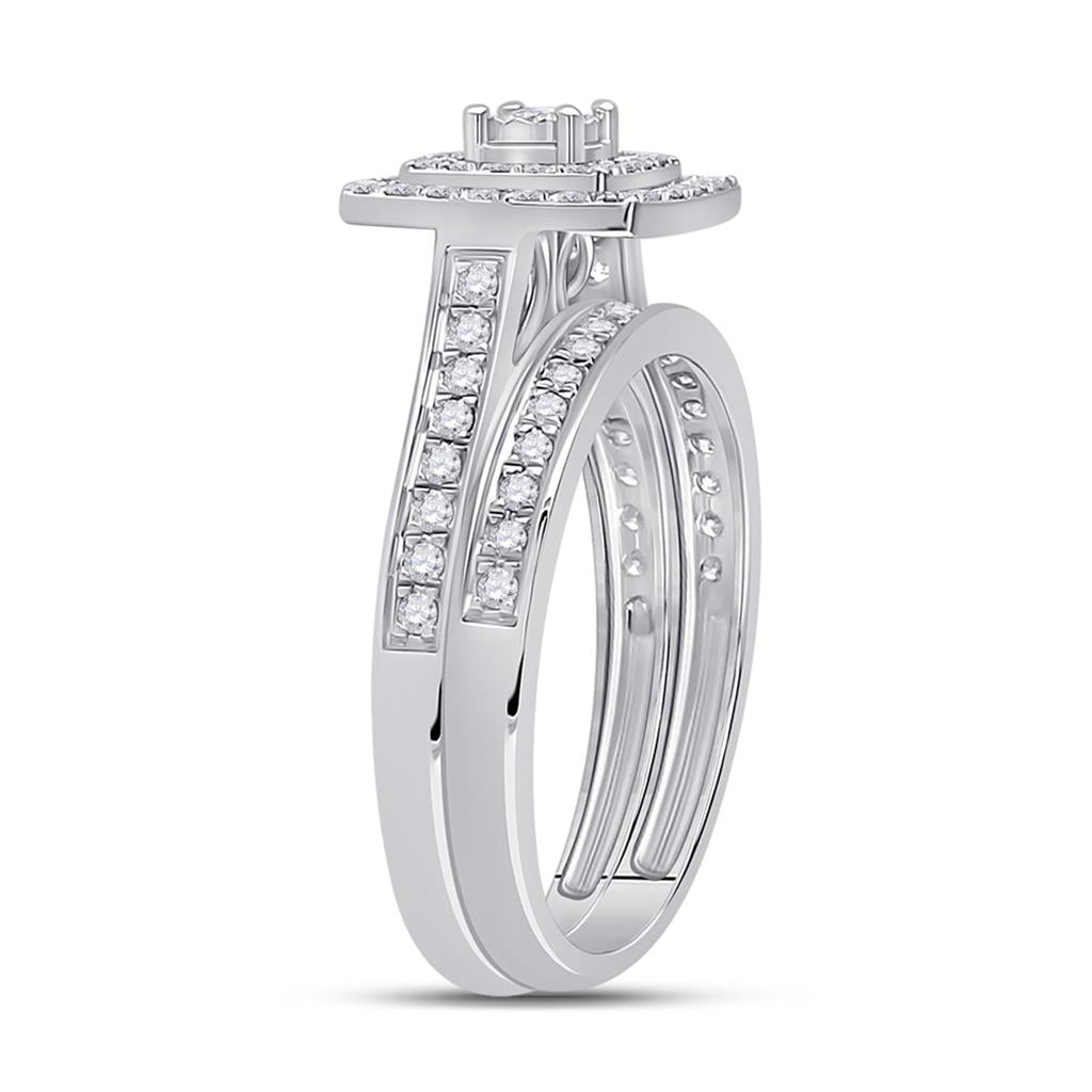 14k White Gold Round Diamond Halo Bridal Wedding Ring Set 1/2 Cttw