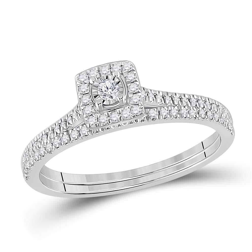 14k White Gold Round Diamond Halo Bridal Wedding Ring Set 1/4 Cttw