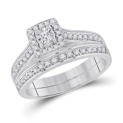 14k White Gold Round Diamond Halo Bridal Wedding Ring Set 1/2 Cttw