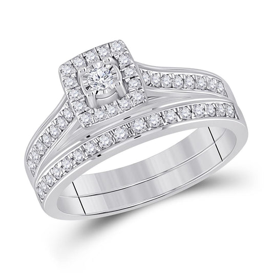 14k White Gold Round Diamond Halo Bridal Wedding Ring Set 1/2 Cttw