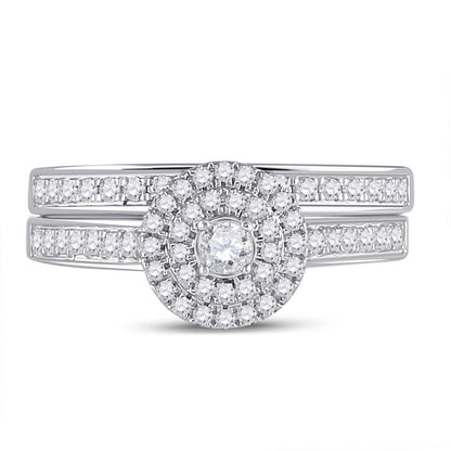 14k White Gold Round Diamond Halo Bridal Wedding Ring Set 1/2 Cttw