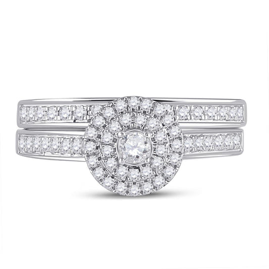 14k White Gold Round Diamond Halo Bridal Wedding Ring Set 1/2 Cttw