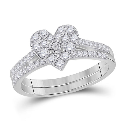 14k White Gold Round Diamond Heart Bridal Wedding Ring Set 1/2 Cttw