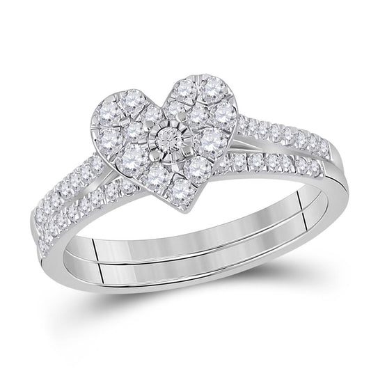 14k White Gold Round Diamond Heart Bridal Wedding Ring Set 1/2 Cttw