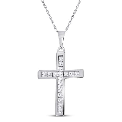 14k White Gold Princess Diamond Cross Pendant 1/3 Cttw
