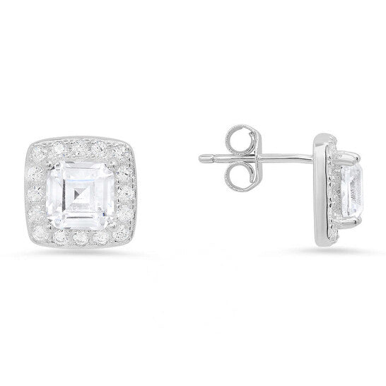 Original Kylie Harper Sterling Silver Asscher-cut Cubic Zirconia  CZ Halo Stud Earrings