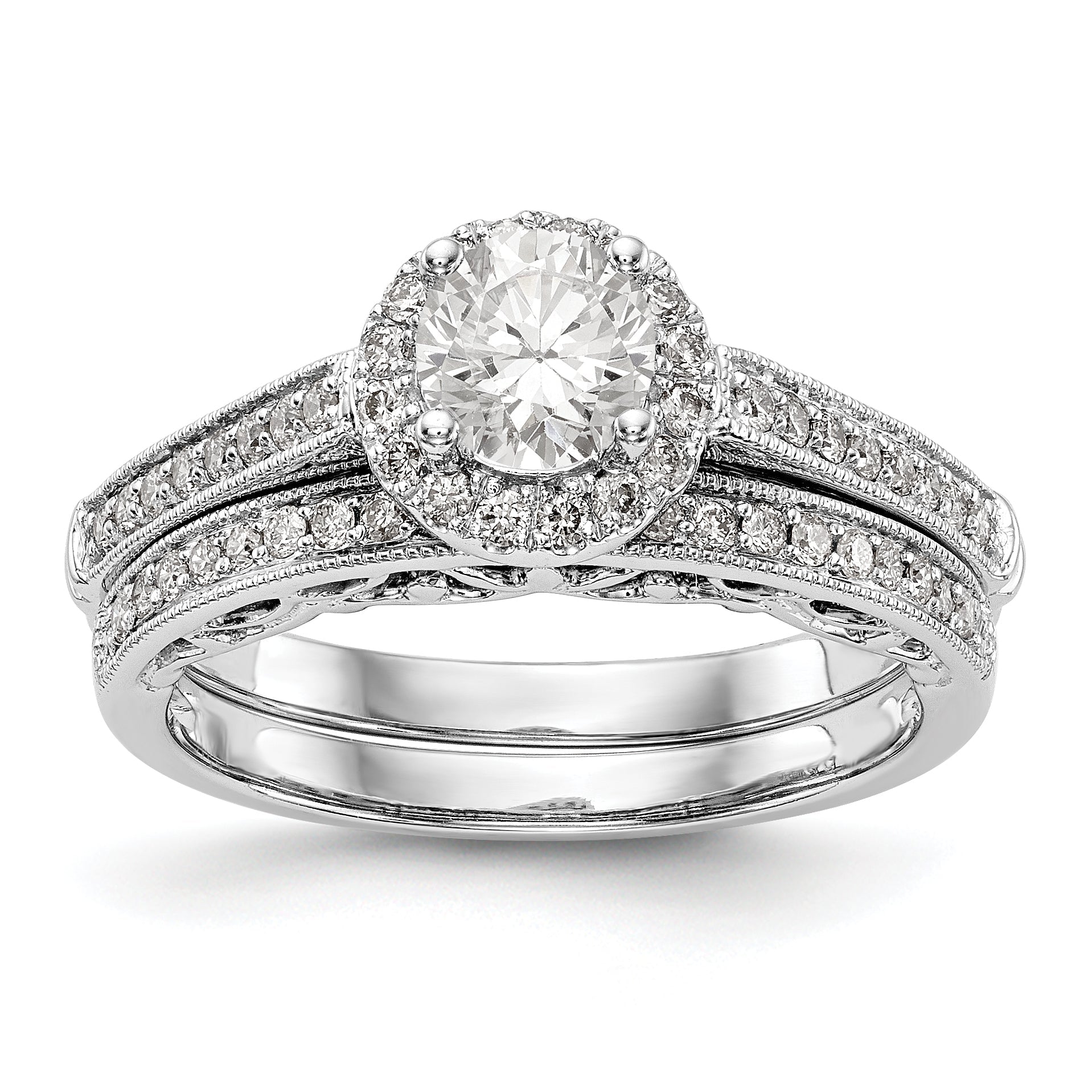 14K White Gold Round Simulated Diamond Halo Engagement Ring