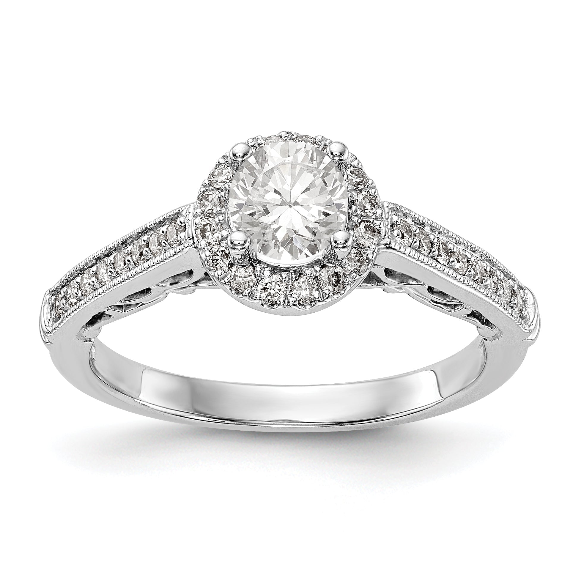 14K White Gold Round Simulated Diamond Halo Engagement Ring