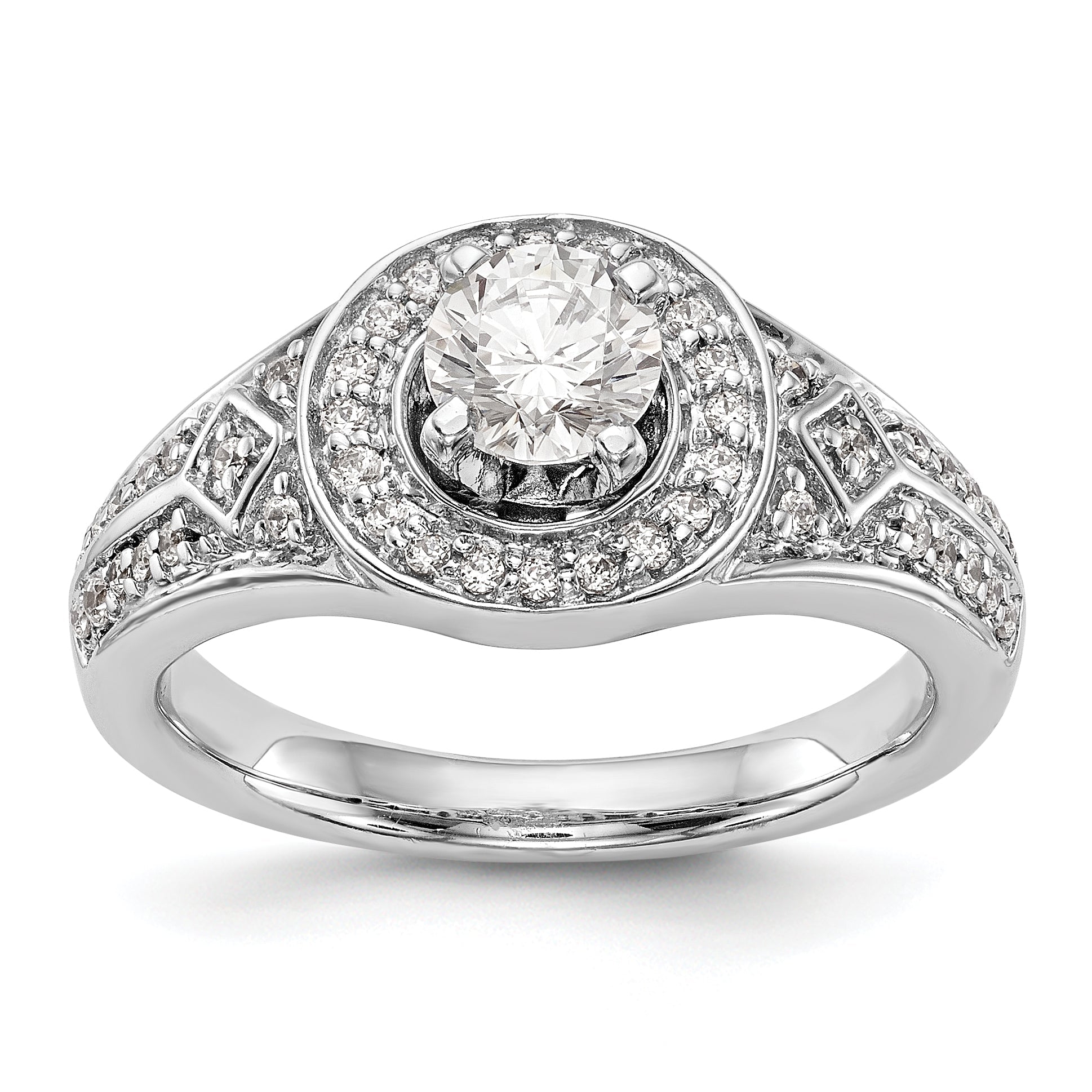 14K White Gold Round Simulated Diamond Halo Engagement Ring