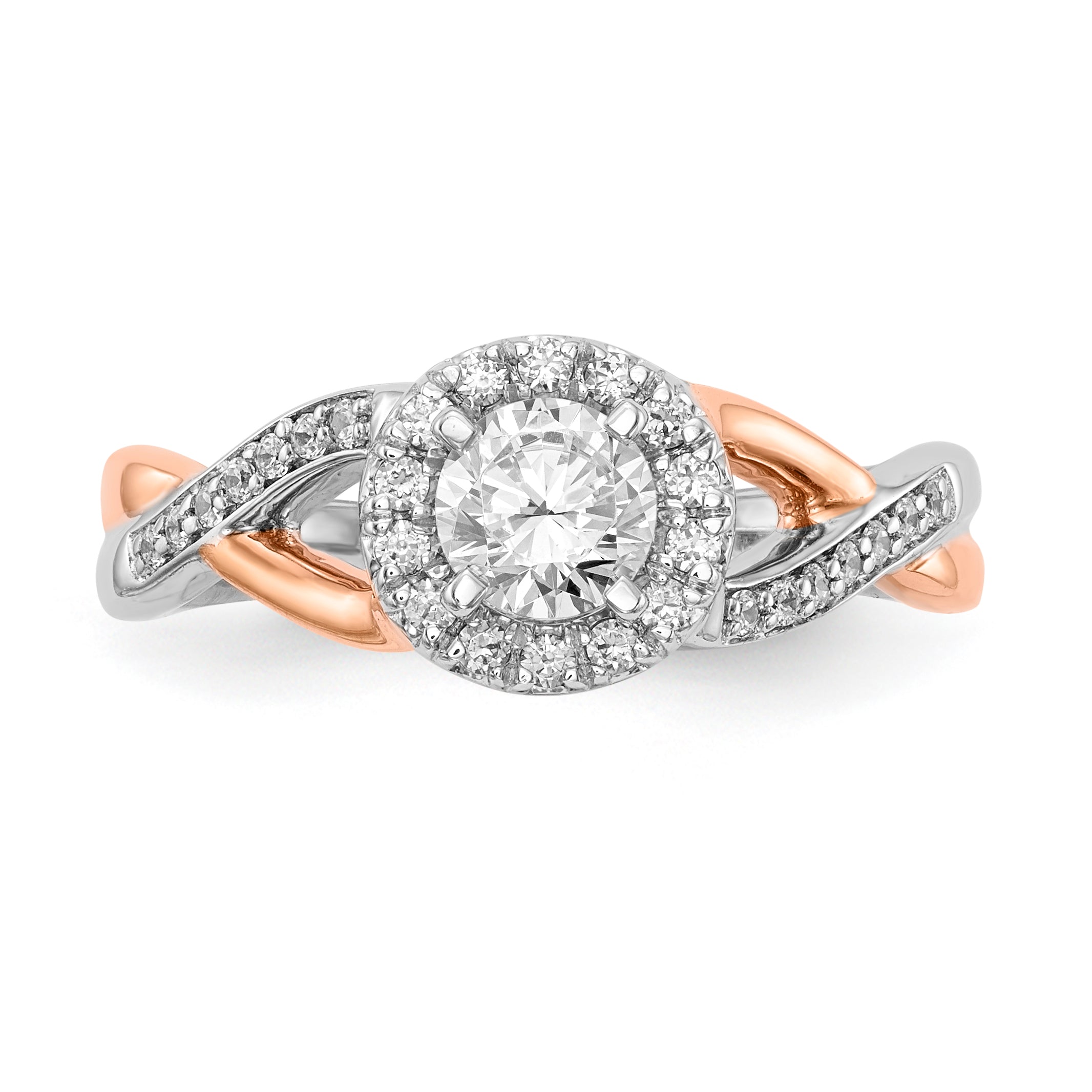 14K Rose and White Gold Round Simulated Diamond Halo Engagement Ring