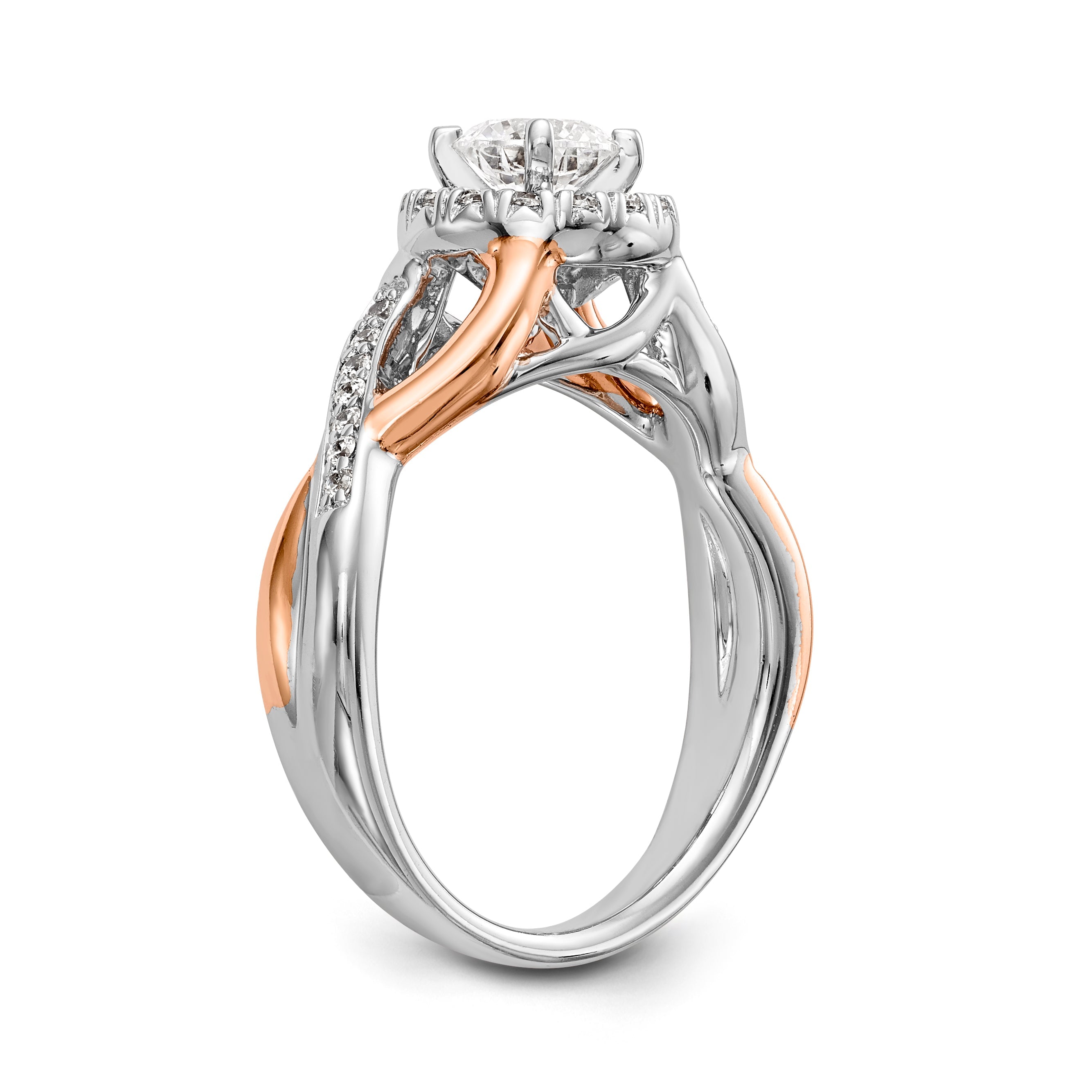 14K Rose and White Gold Round Simulated Diamond Halo Engagement Ring