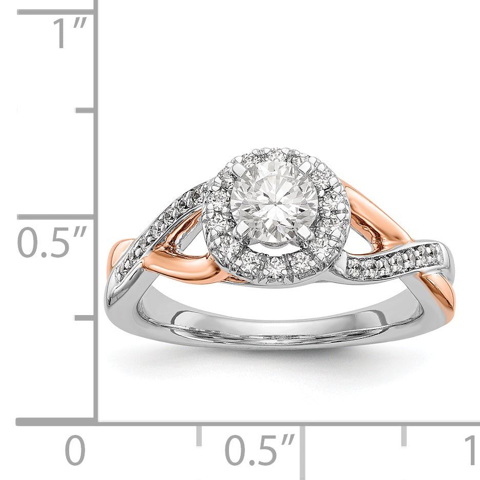 14K Rose and White Gold Round Simulated Diamond Halo Engagement Ring