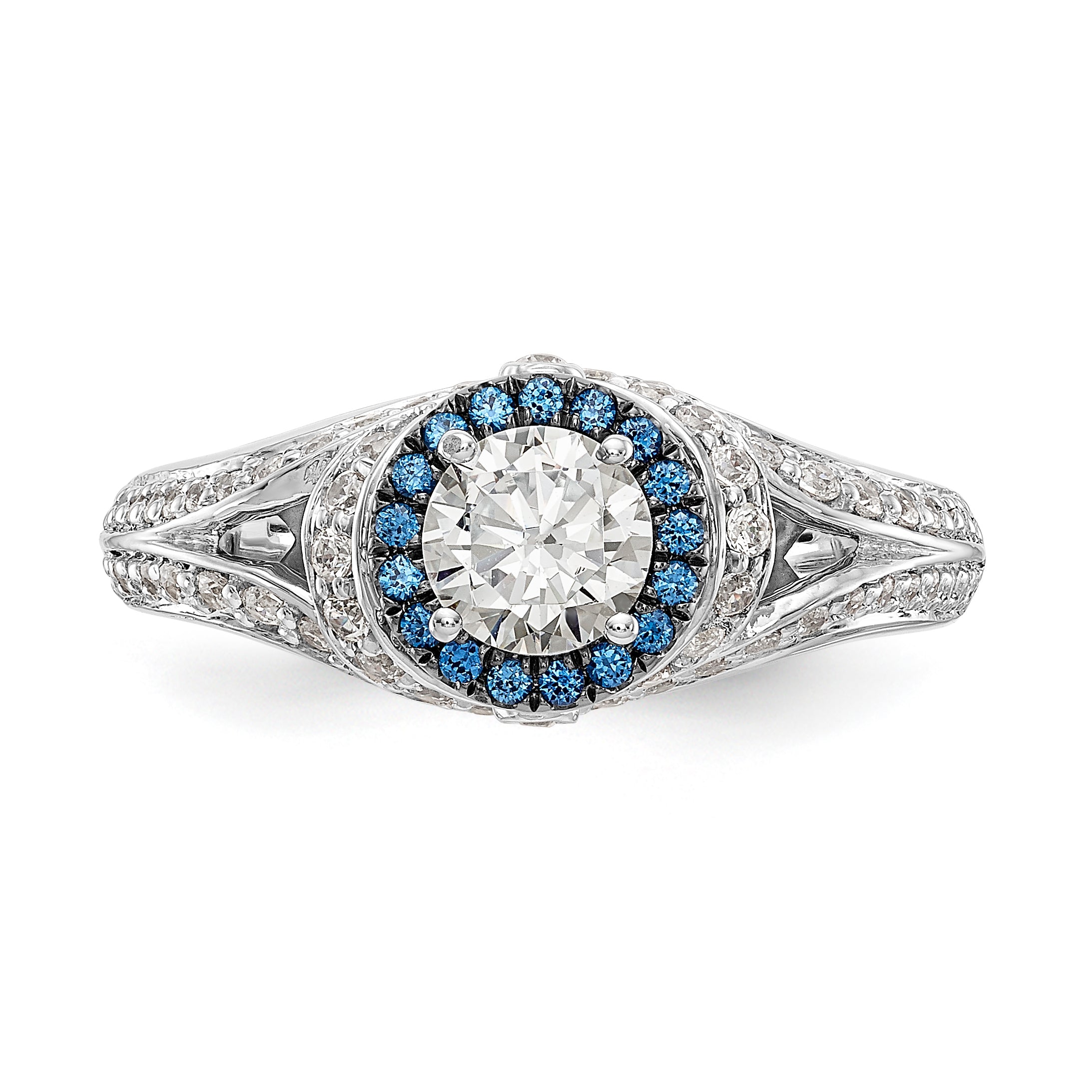 14KW Round Blue and White Simulated Diamond Halo Engagement Ring
