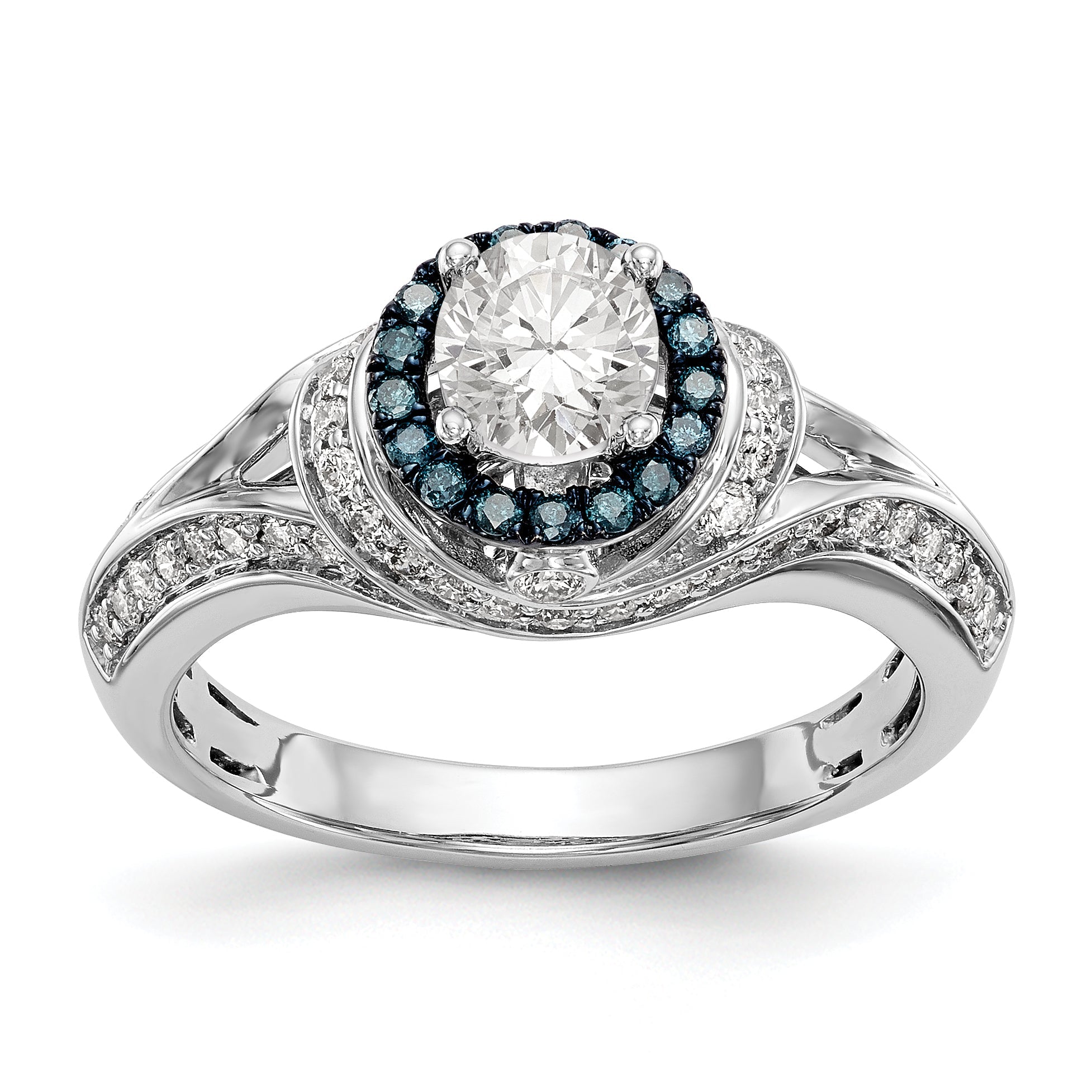 14KW Round Blue and White Simulated Diamond Halo Engagement Ring