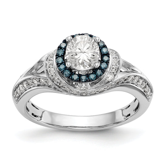 14KW Round Blue and White Simulated Diamond Halo Engagement Ring