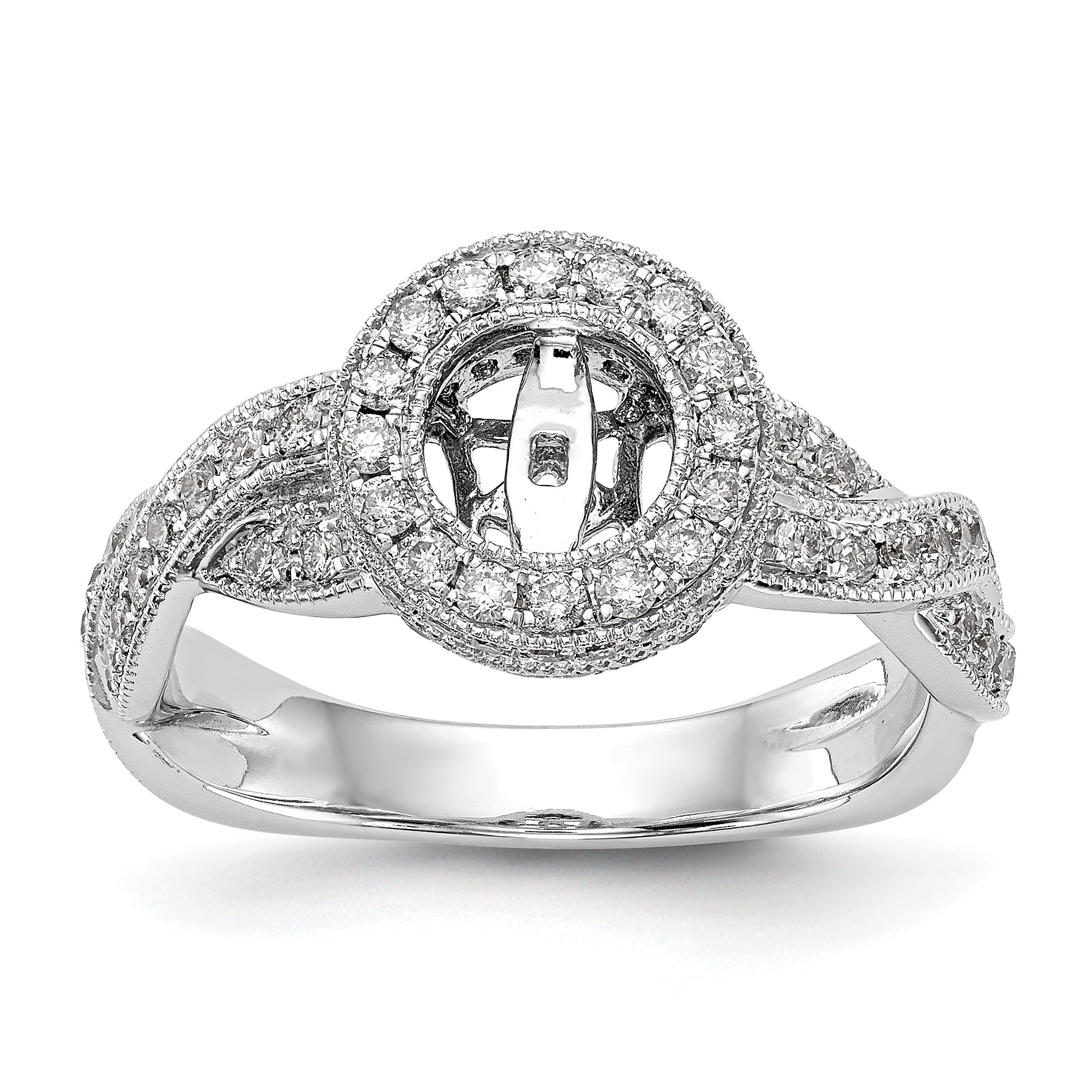 14K White Gold Peg Set Simulated Diamond Halo Engagement Ring