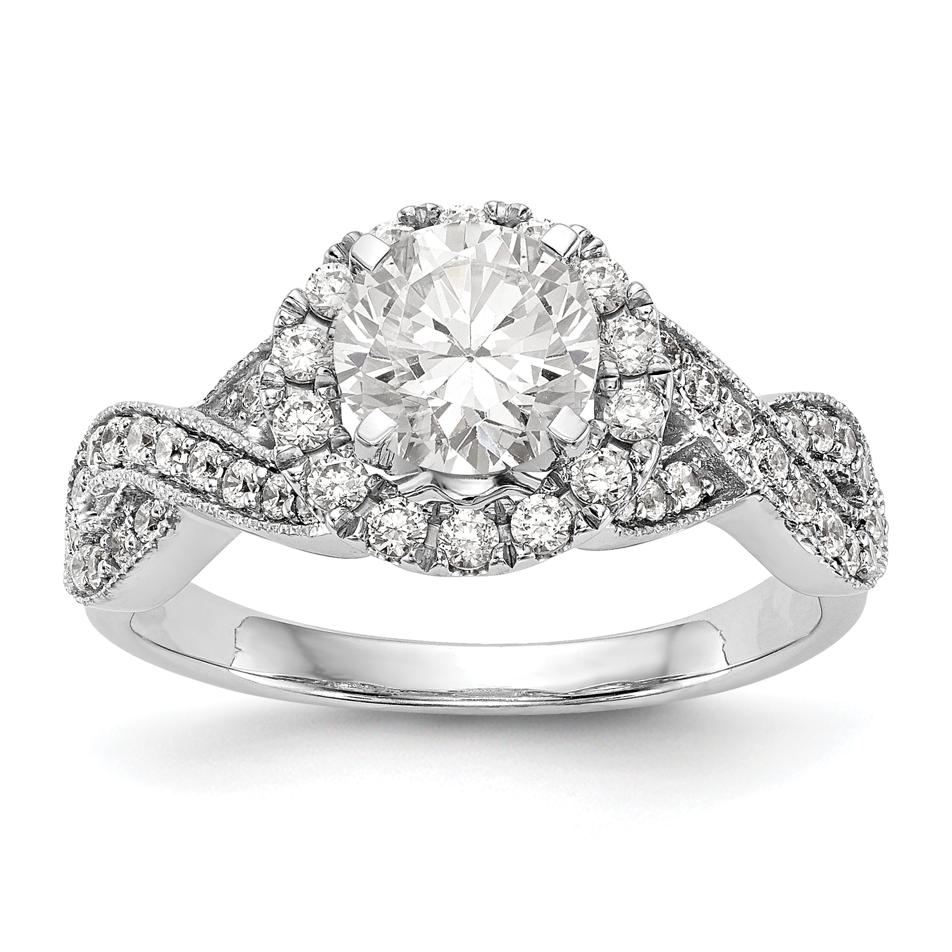 14K White Gold Peg Set Simulated Diamond Halo Engagement Ring