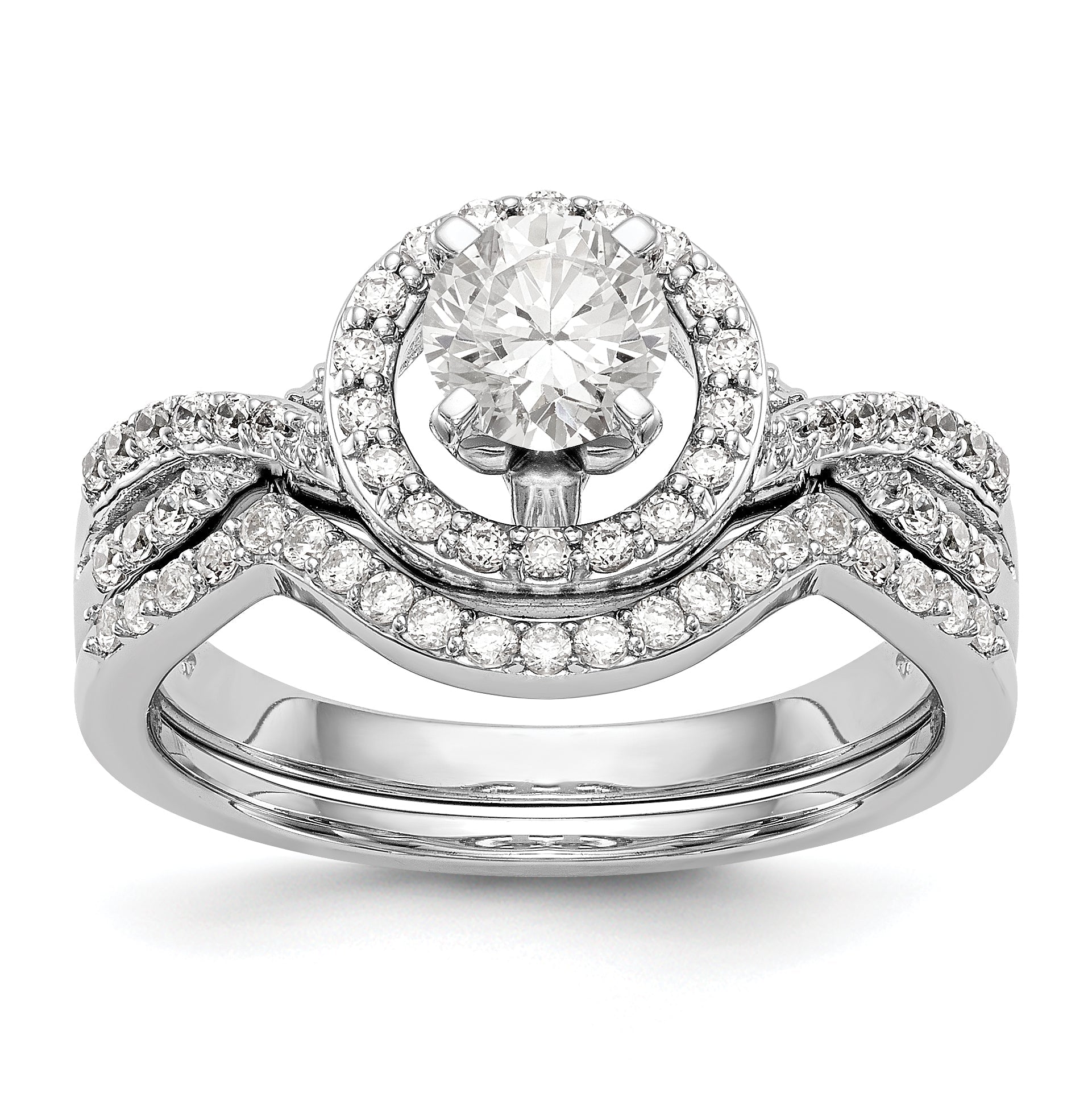 14K White Gold Peg Set Simulated Diamond Halo Engagement Ring