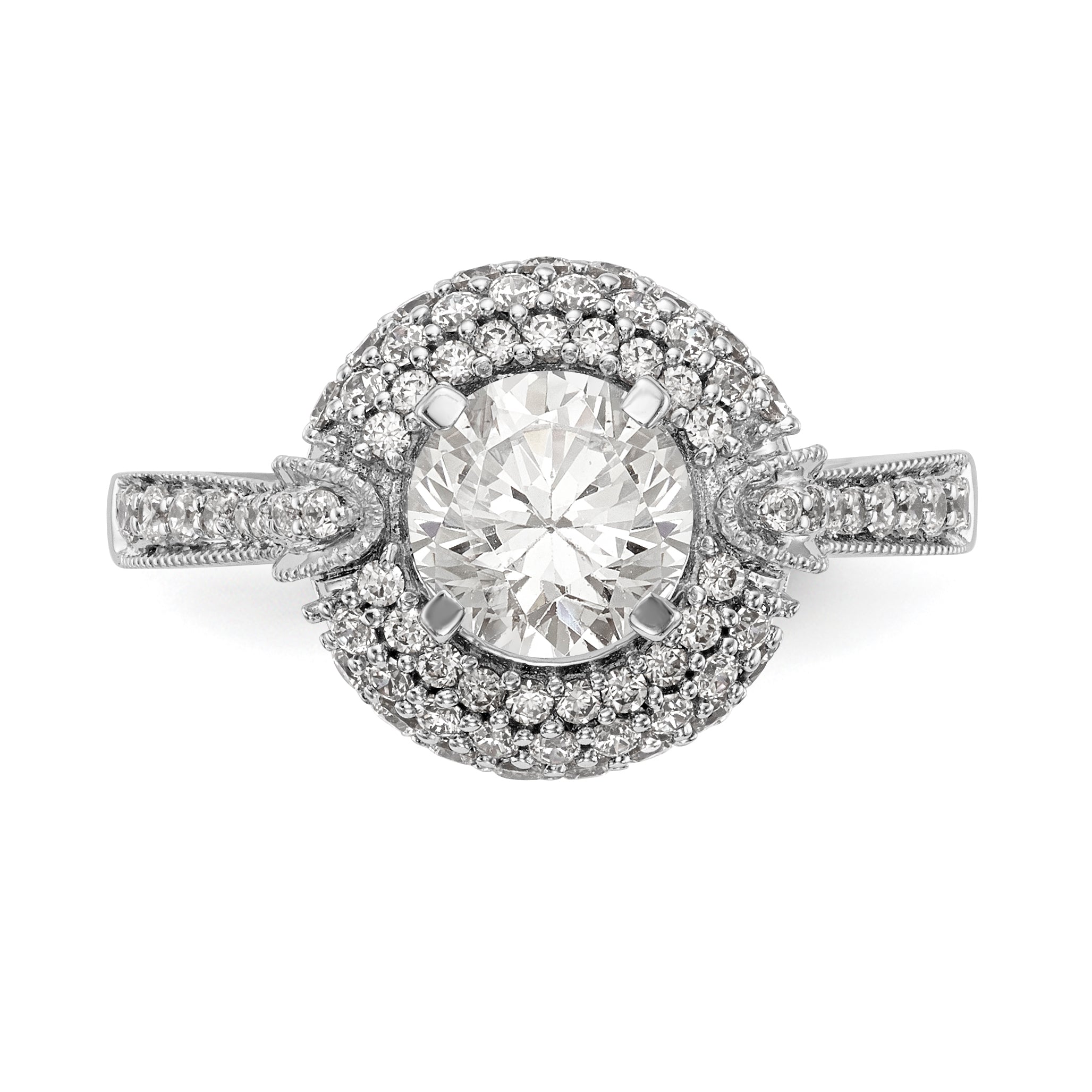 14K White Gold Peg Set Simulated Diamond Halo Engagement Ring