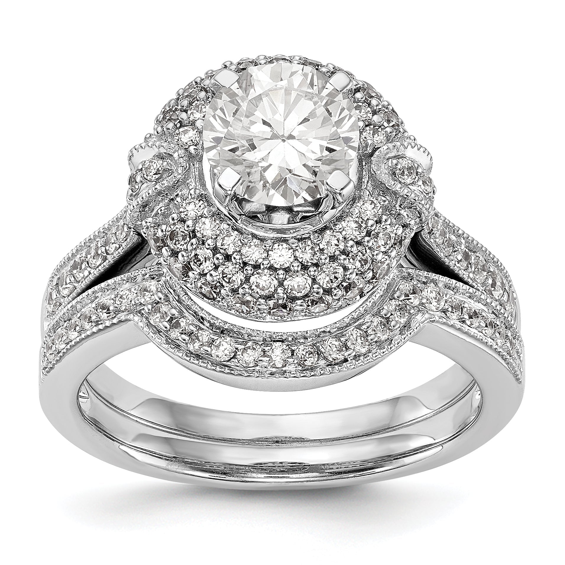 14K White Gold Peg Set Simulated Diamond Halo Engagement Ring