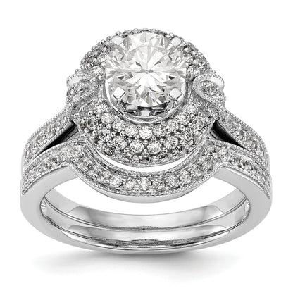 14K White Gold Peg Set Simulated Diamond Halo Engagement Ring
