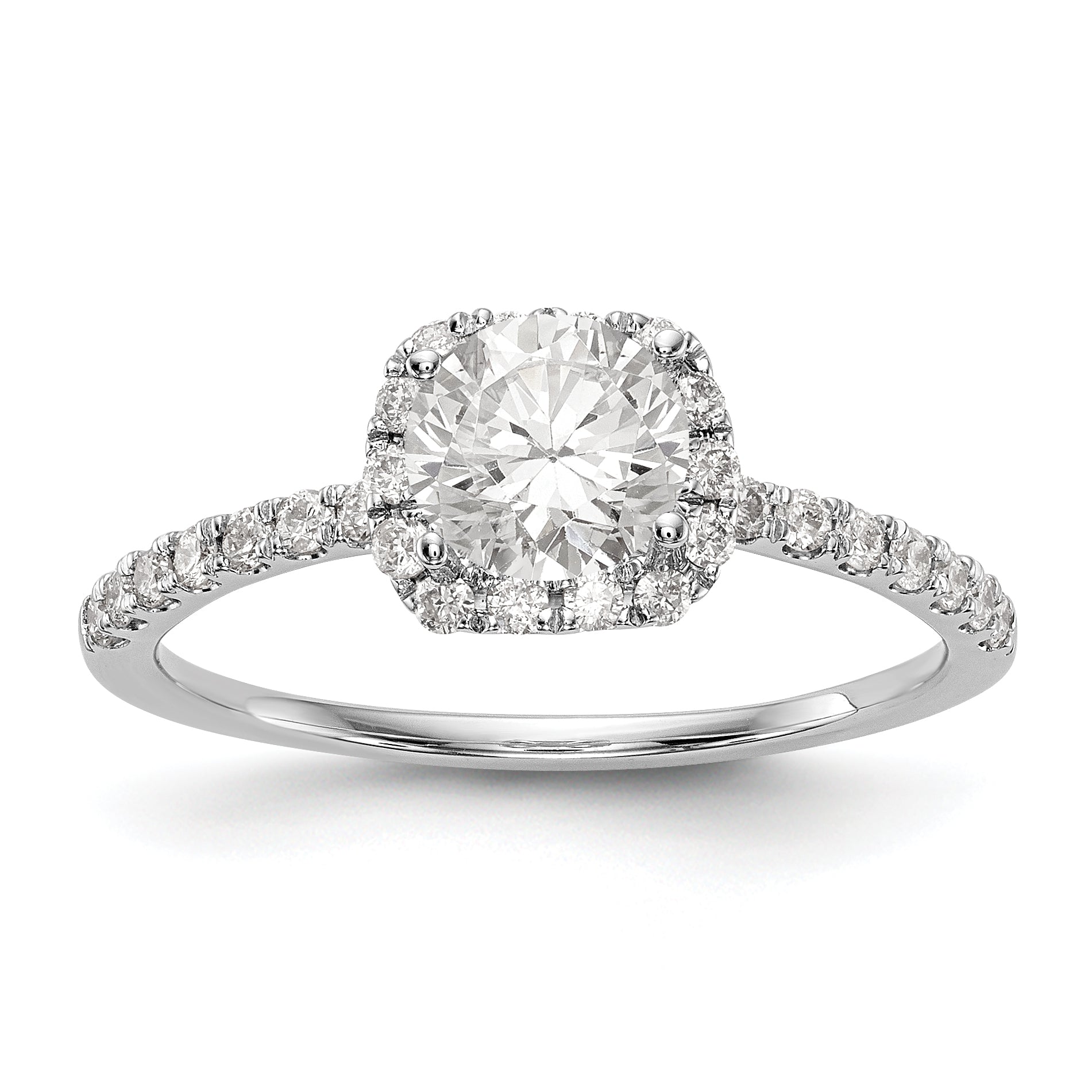 14K White Gold Round Simulated Diamond Cushion Halo Engagement Ring