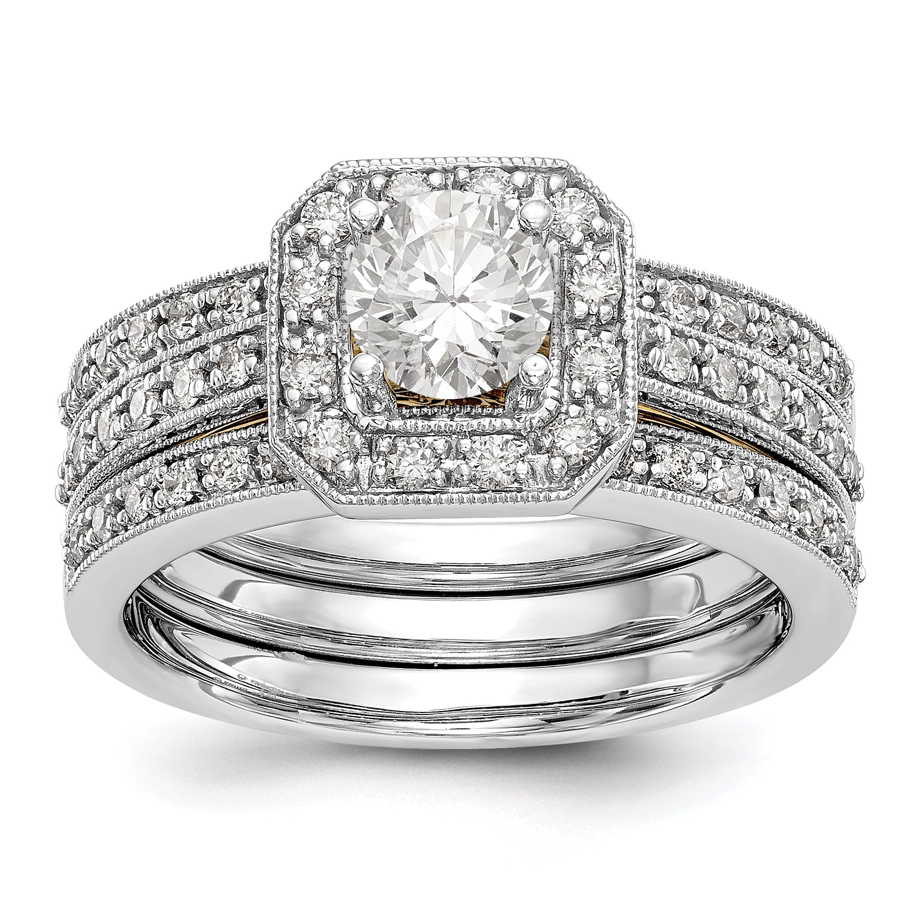 14K Two tone Round Simulated Diamond Cushion Halo Engagement Ring