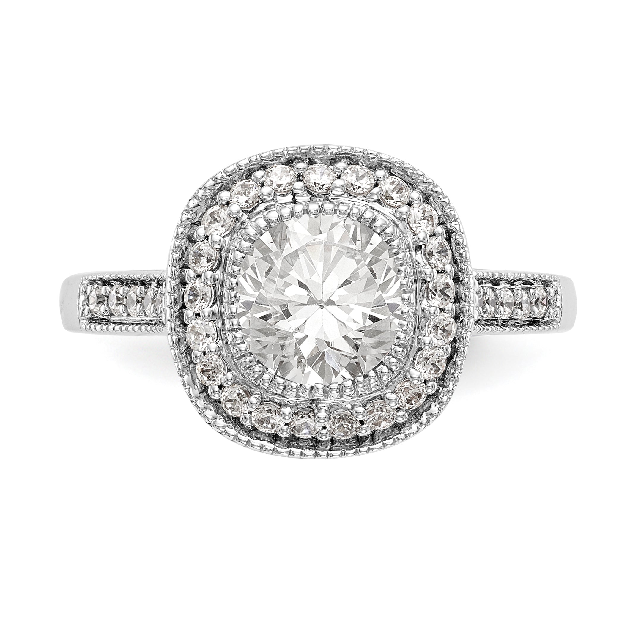 14K White Gold Round Simulated Diamond Cushion Halo Engagement Ring