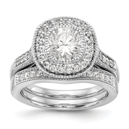 14K White Gold Round Simulated Diamond Cushion Halo Engagement Ring