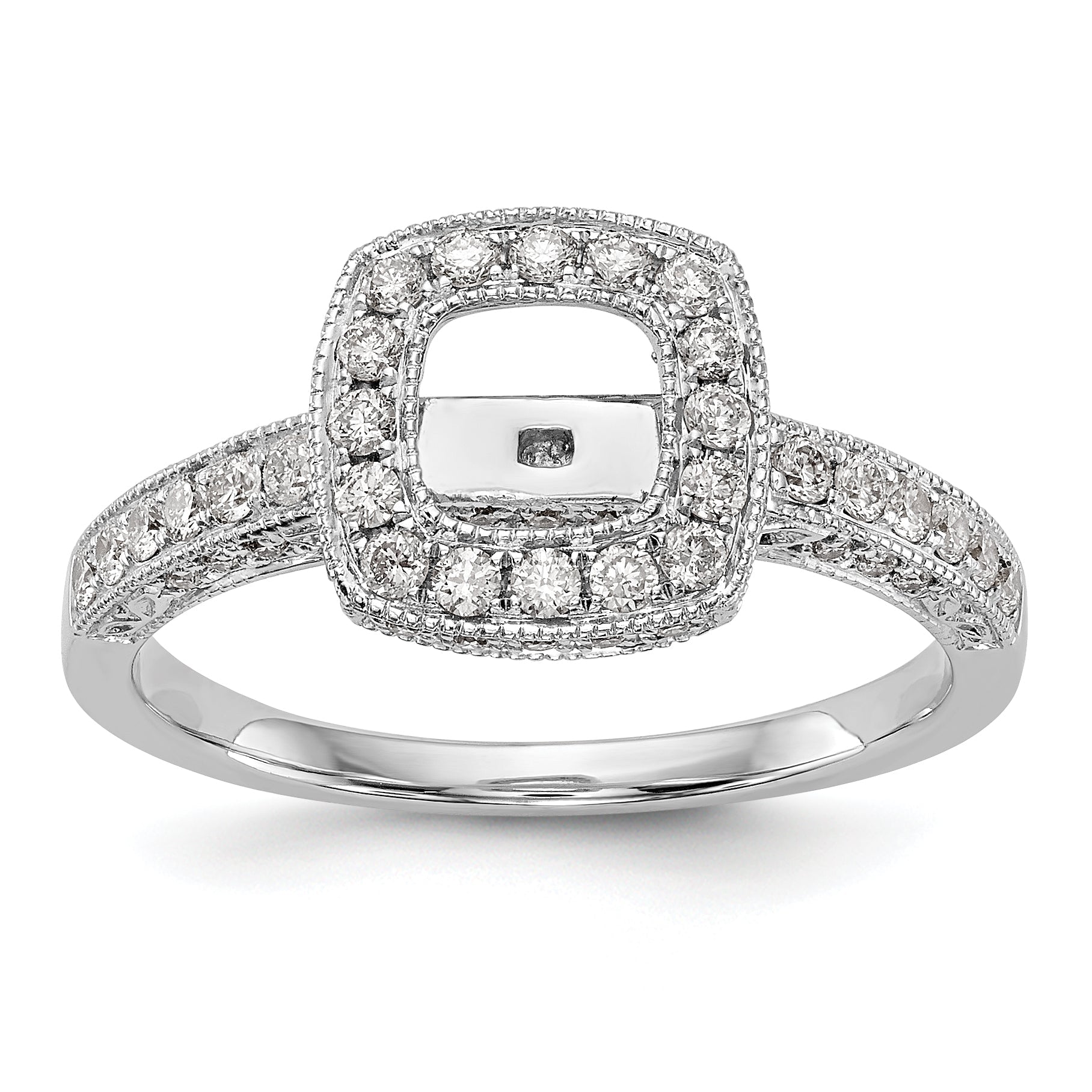 14K White Gold Peg Set Simulated Diamond Cushion Halo Engagement Ring