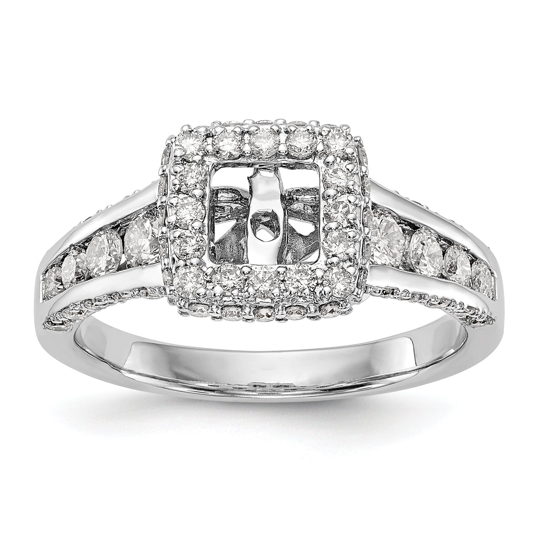 14K White Gold Peg Set Simulated Diamond Cushion Halo Engagement Ring