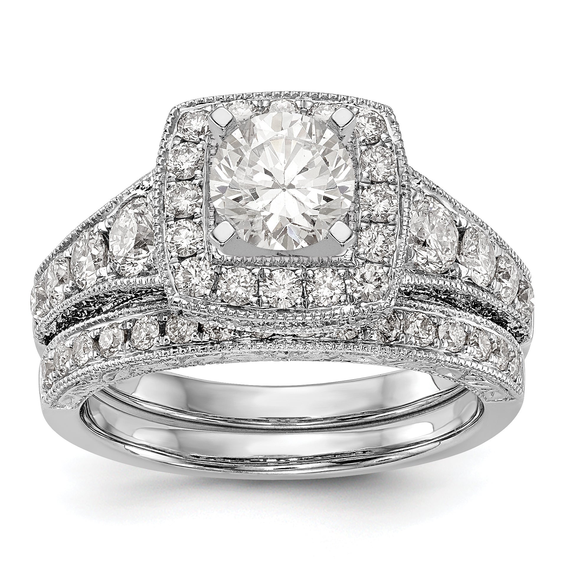 14K White Gold Peg Set Diamond Cushion Halo CZ Engagement Ring