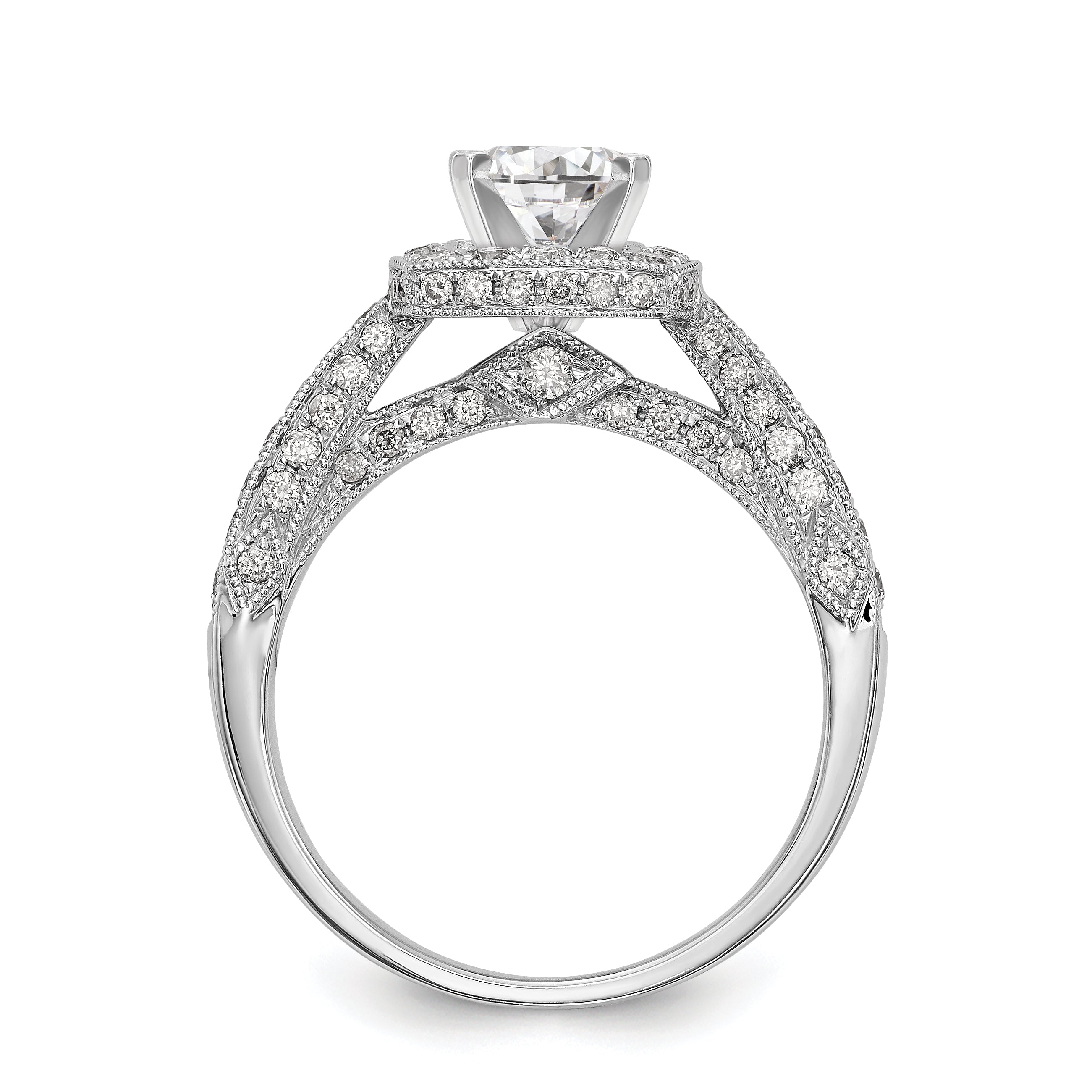 14K White Gold Peg Set Simulated Diamond Cushion HaloEngagement Ring