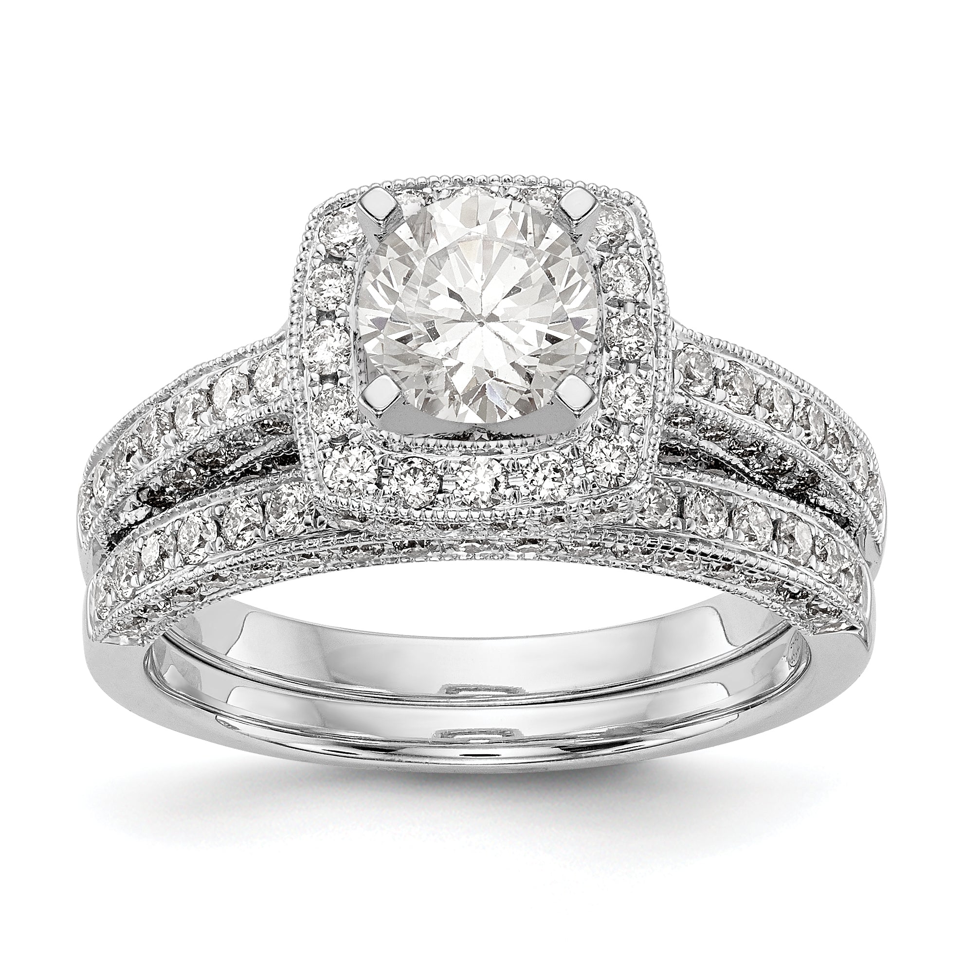 14K White Gold Peg Set Simulated Diamond Cushion HaloEngagement Ring