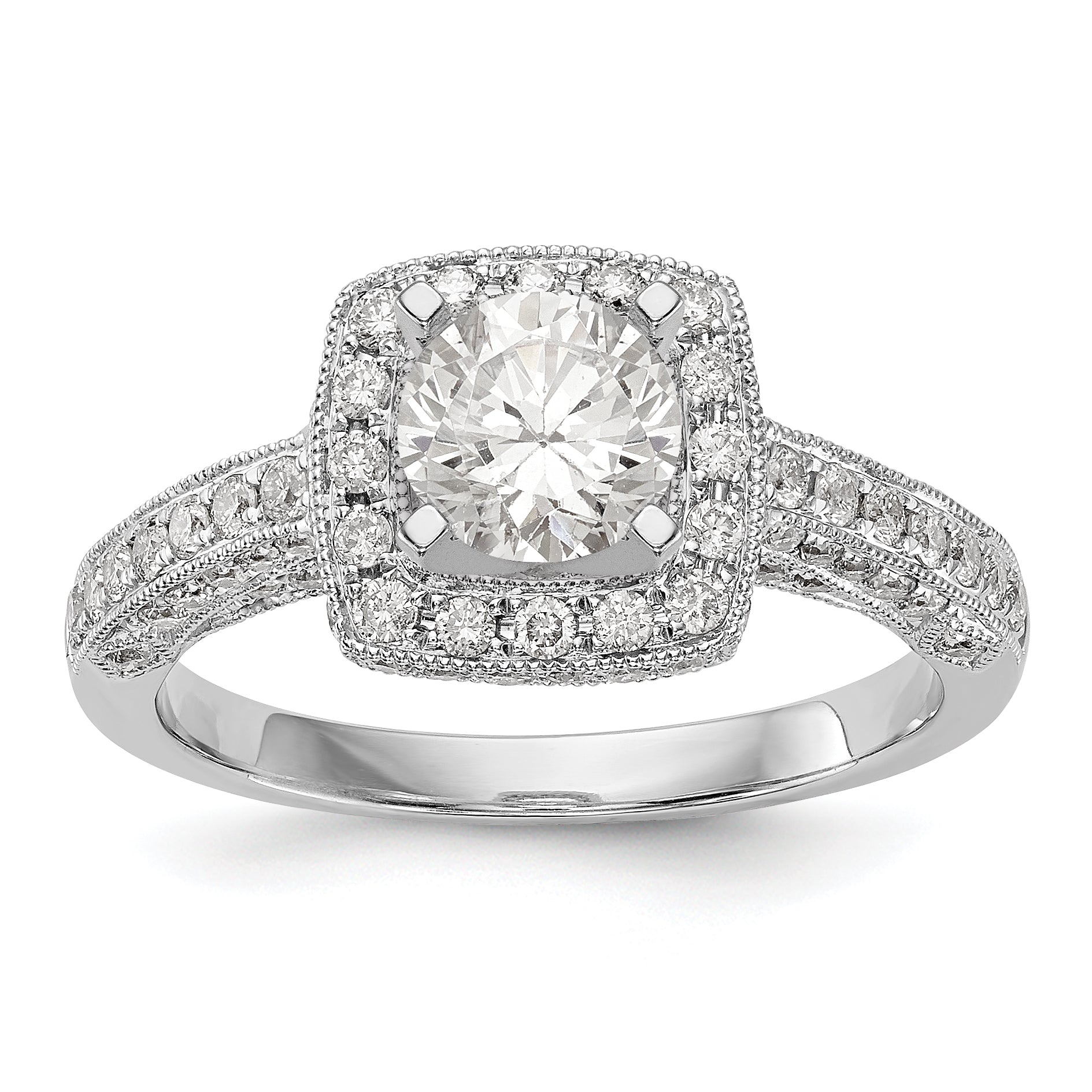 14K White Gold Peg Set Simulated Diamond Cushion HaloEngagement Ring