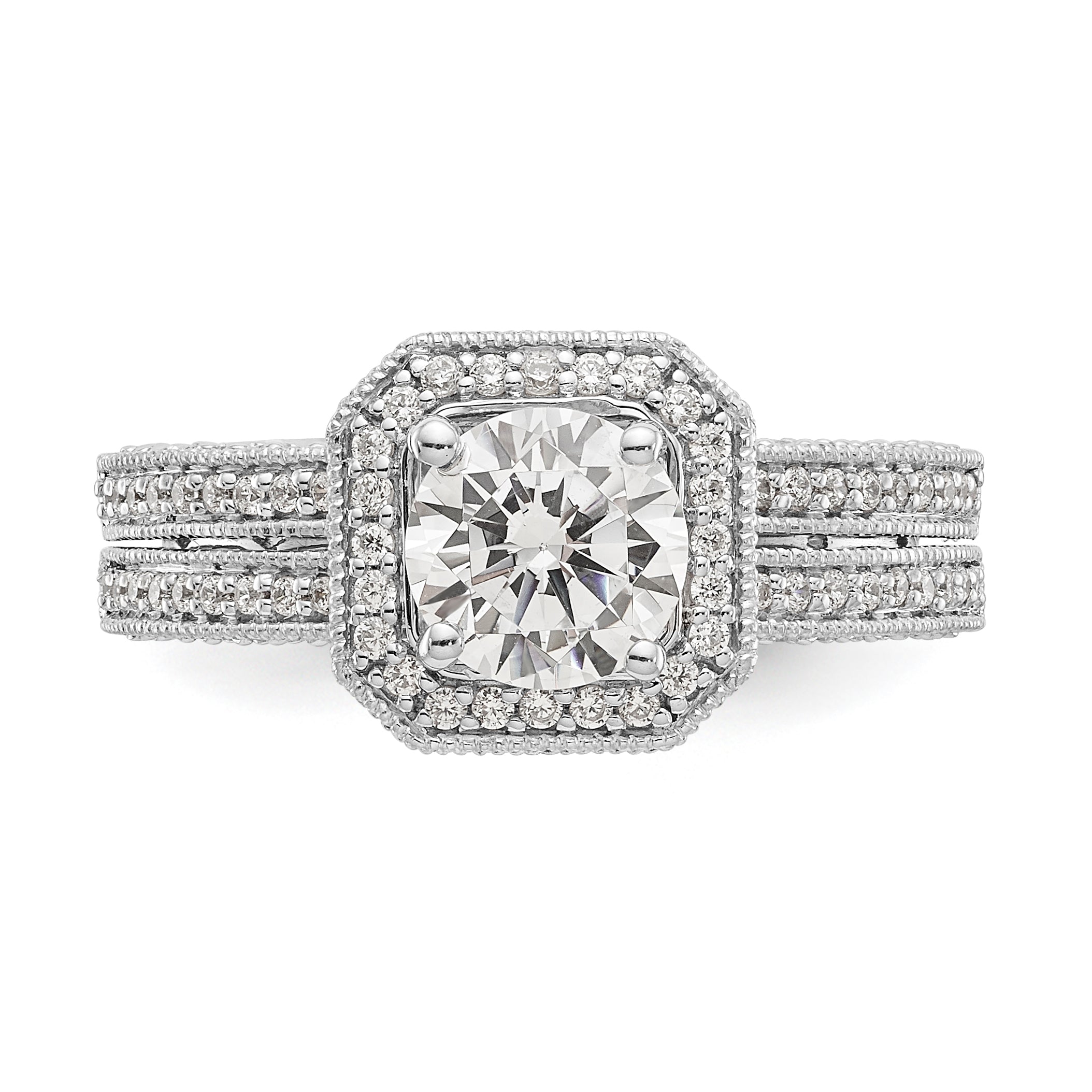 14kw Round Simulated Diamond Cushion Halo Engagement Ring