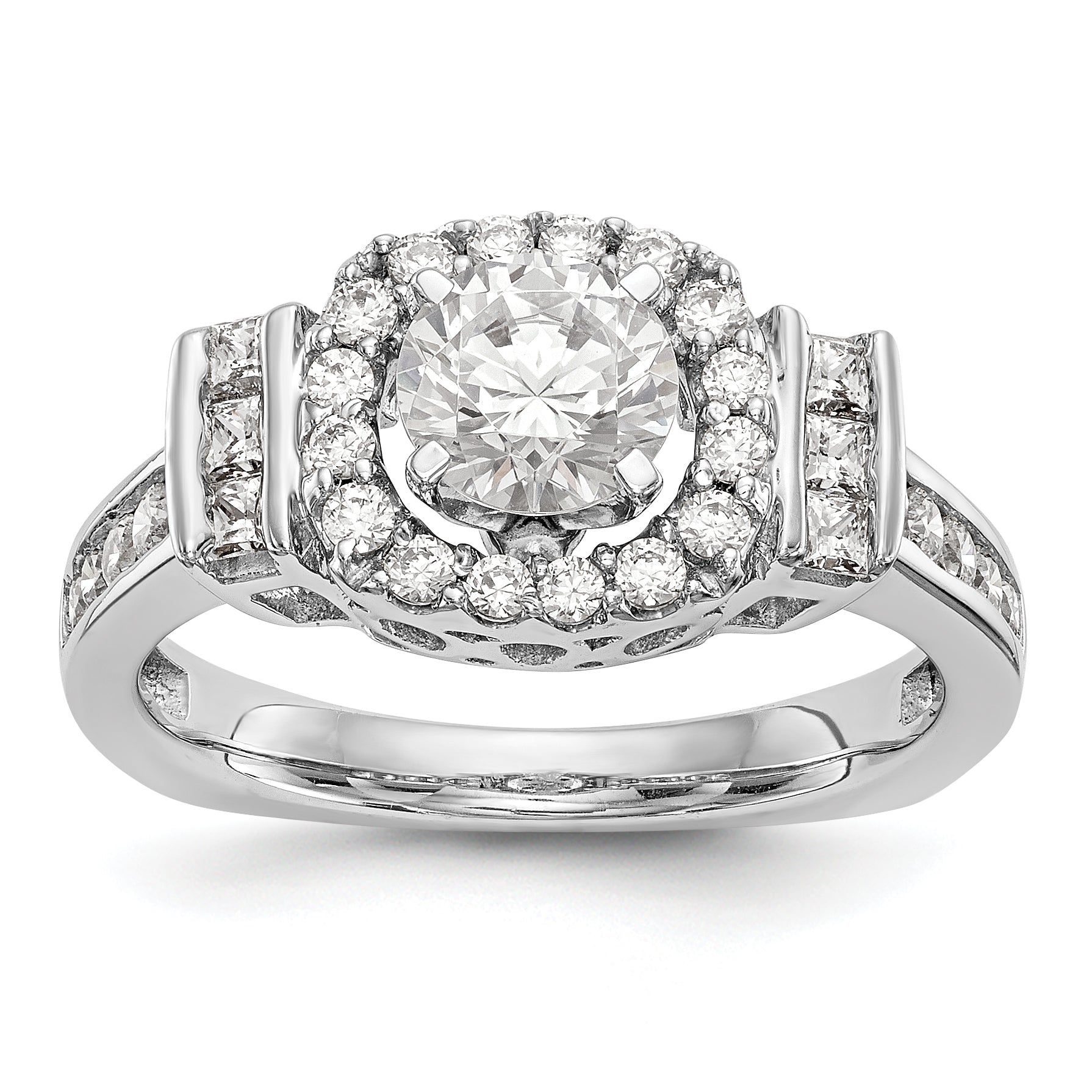 14kw Peg Set Simulated Diamond Fancy Halo Engagement Ring