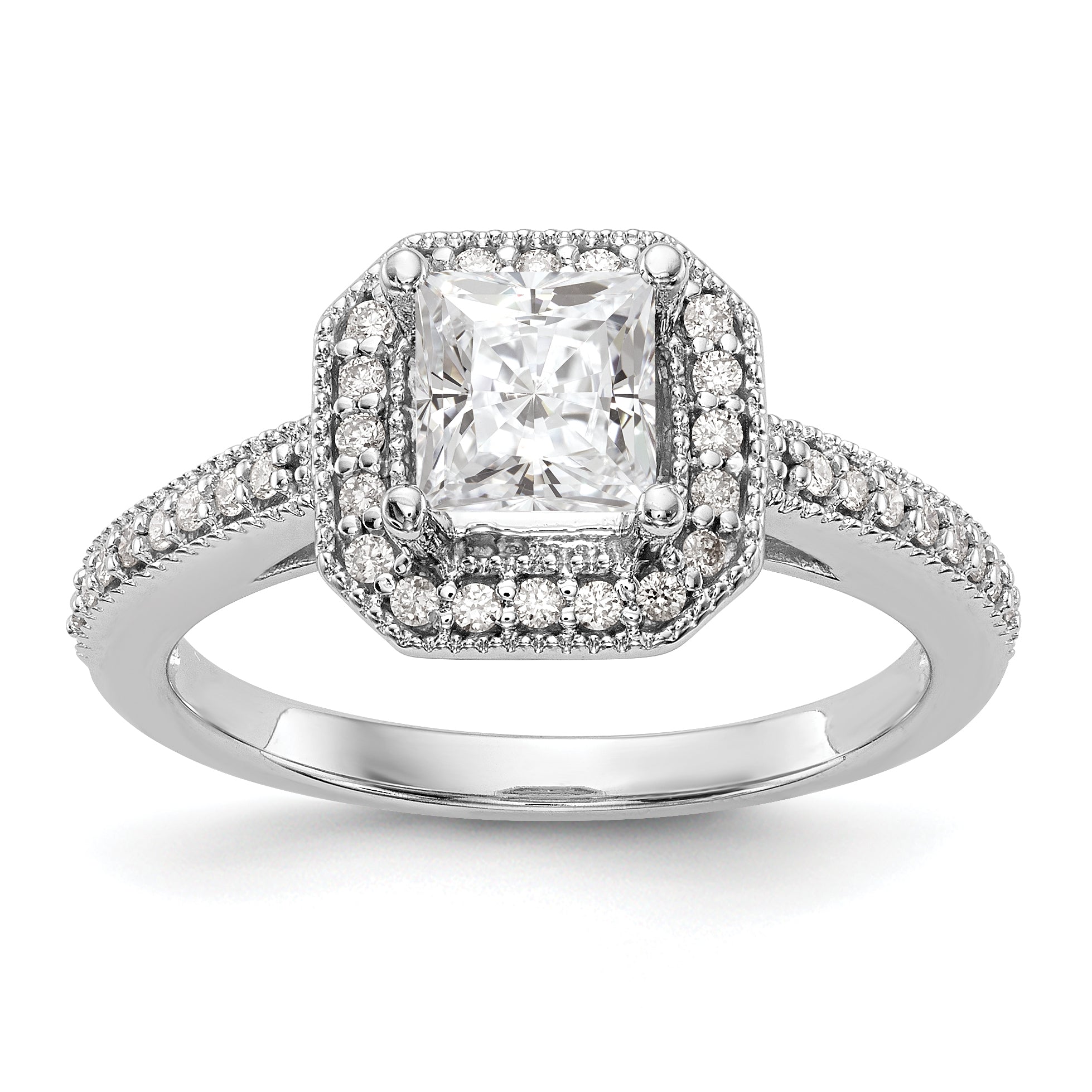 14K White Gold Diamond Princess CZ Square Halo Engagement Ring