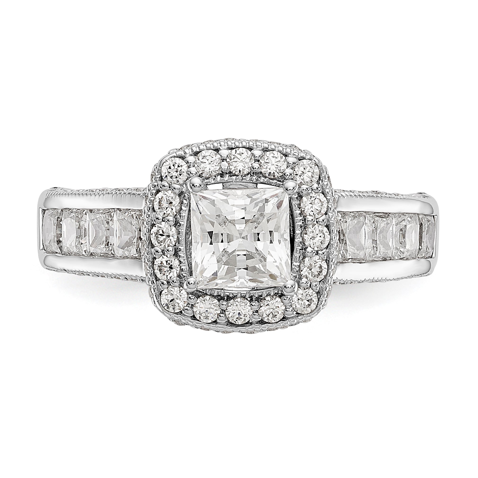 14K White Gold Diamond Princess CZ Square Halo Engagement Ring