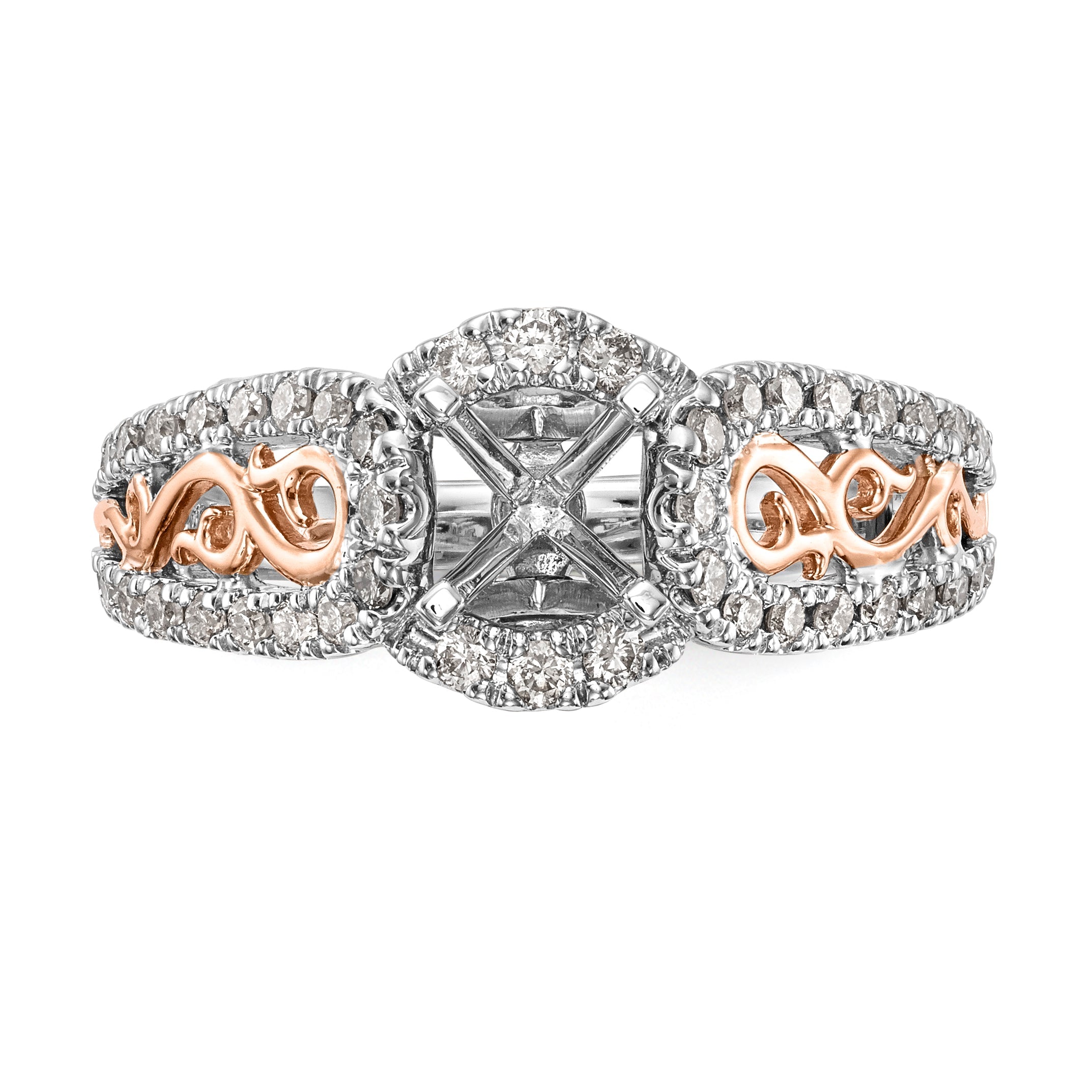 14k White Gold and Rose Gold Diamond Peg Set CZ Engagement Ring