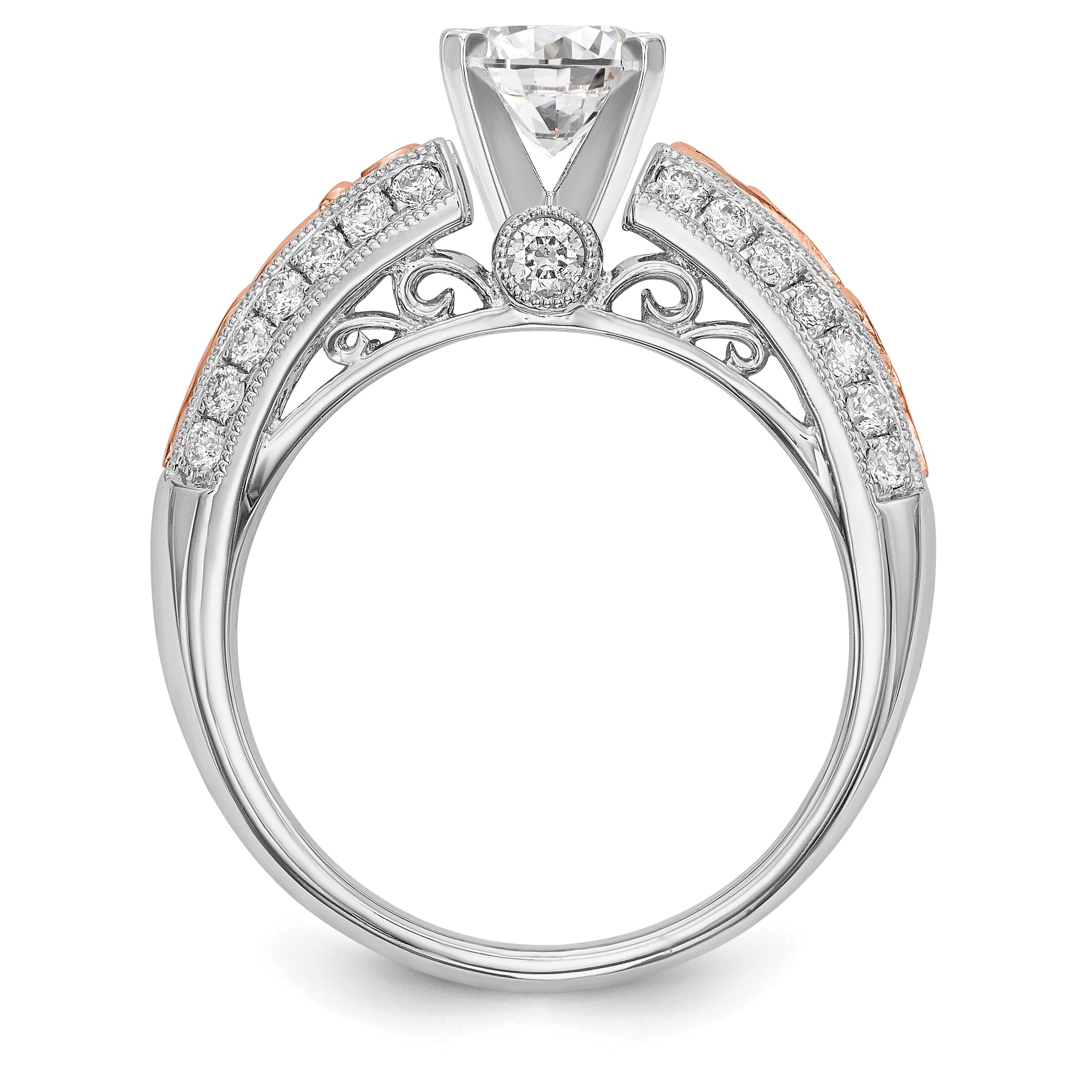 14K White Gold and Rose Gold Diamond Peg Set CZ Engagement Ring