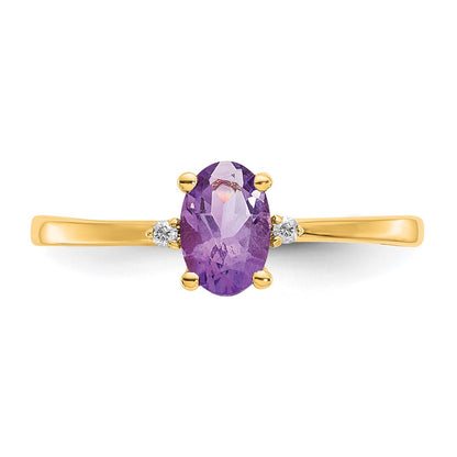 10K Yellow Gold Polished Geniune Real Diamond & Amethyst Birthstone Ring