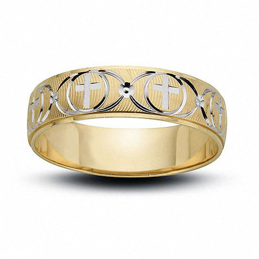 Men's 6.0mm Cross and Wave Wedding Band in Solid 10K Two-Tone Gold